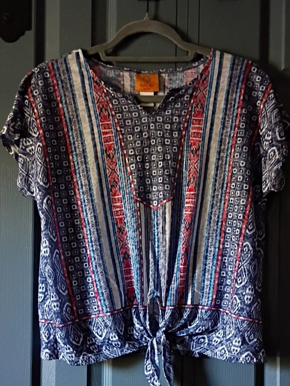 Ruby Rd. Navy, Red & White Printed Tie-Front Blouse